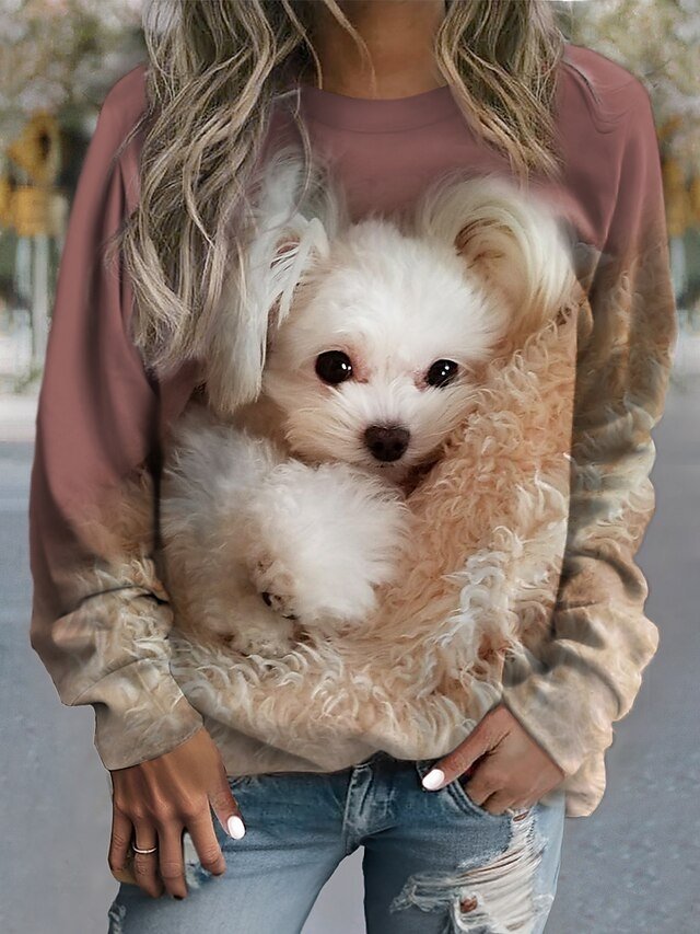 Casual Loose Dog Print Round Neck Long Sleeve Sweatshirt - Image 1