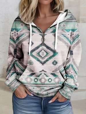 Casual Loose Ethnic Quarter Zip Long Sleeve Hoodie - Image 1