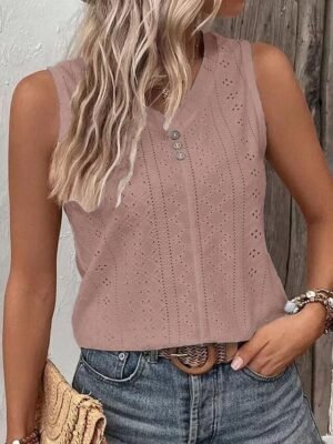 Casual Loose Eyelet Lace V Neck Sleeveless Summer Camisole - Image 5