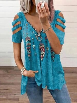 Casual Loose Feather Print V Neck Short Sleeve Blouse - Image 1