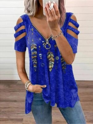 Casual Loose Feather Print V Neck Short Sleeve Blouse - Image 2