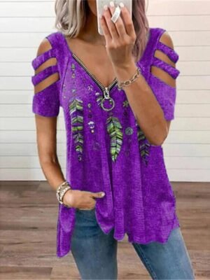 Casual Loose Feather Print V Neck Short Sleeve Blouse - Image 3