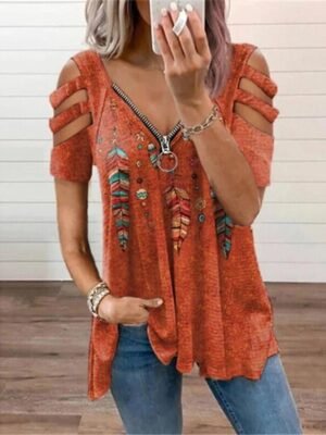 Casual Loose Feather Print V Neck Short Sleeve Blouse - Image 4
