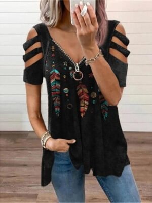 Casual Loose Feather Print V Neck Short Sleeve Blouse - Image 5