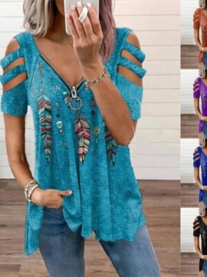Casual Loose Feather Print V Neck Short Sleeve Blouse - Image 6