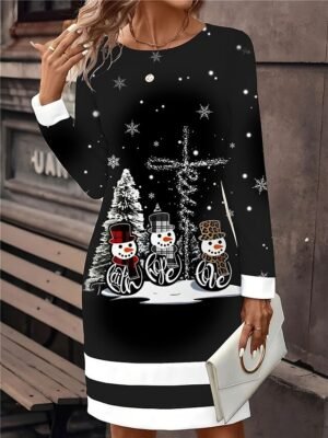 Casual Loose Fit Christmas Print Crew Neck Long Sleeve Mini Dress - Image 6