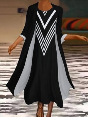 Casual Loose Fit Colour Block Crew Neck Long Sleeve Maxi Dress Set - Image 1