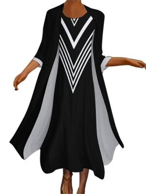 Casual Loose Fit Colour Block Crew Neck Long Sleeve Maxi Dress Set - Image 3