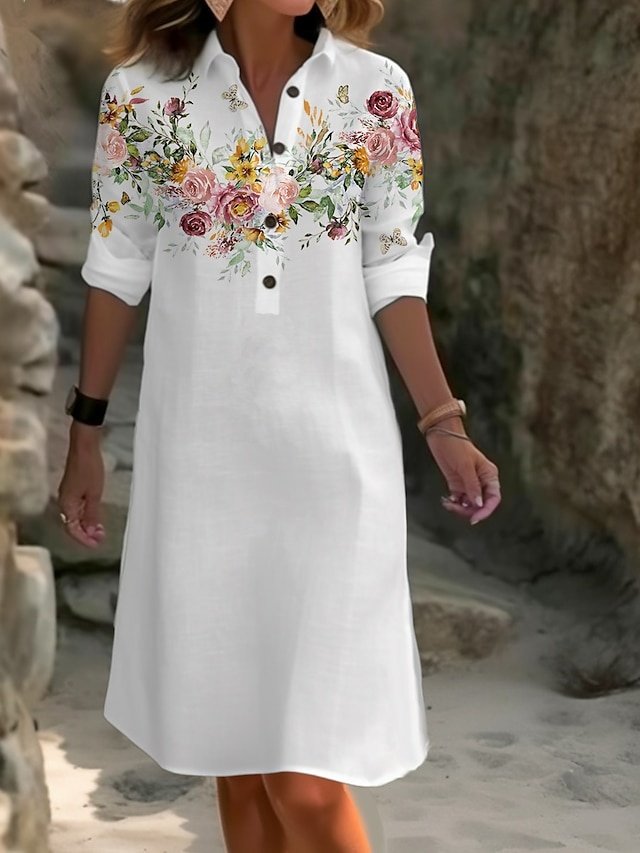 Casual Loose Fit Floral Shirt Collar Long Sleeve Midi Dress - Image 1