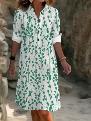 Casual Loose Fit Floral Shirt Collar Long Sleeve Midi Dress - Image 4