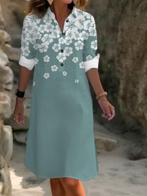 Casual Loose Fit Floral Shirt Collar Long Sleeve Midi Dress - Image 6