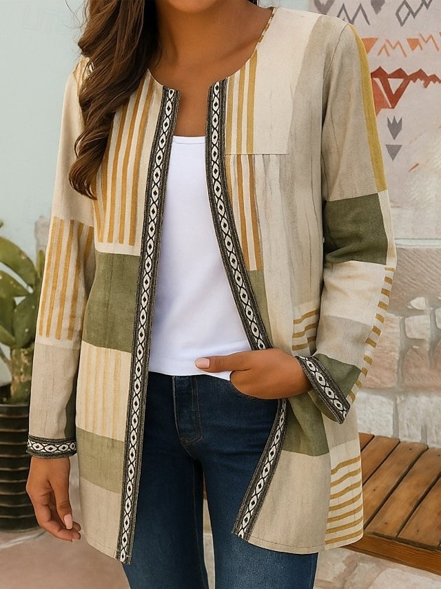 Casual Loose Fit Geometric Crewneck Long Sleeve Outerwear - Image 1