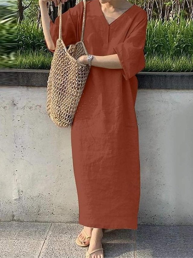 Casual Loose Fit Plain V Neck Short Sleeve Maxi Dress - Image 4