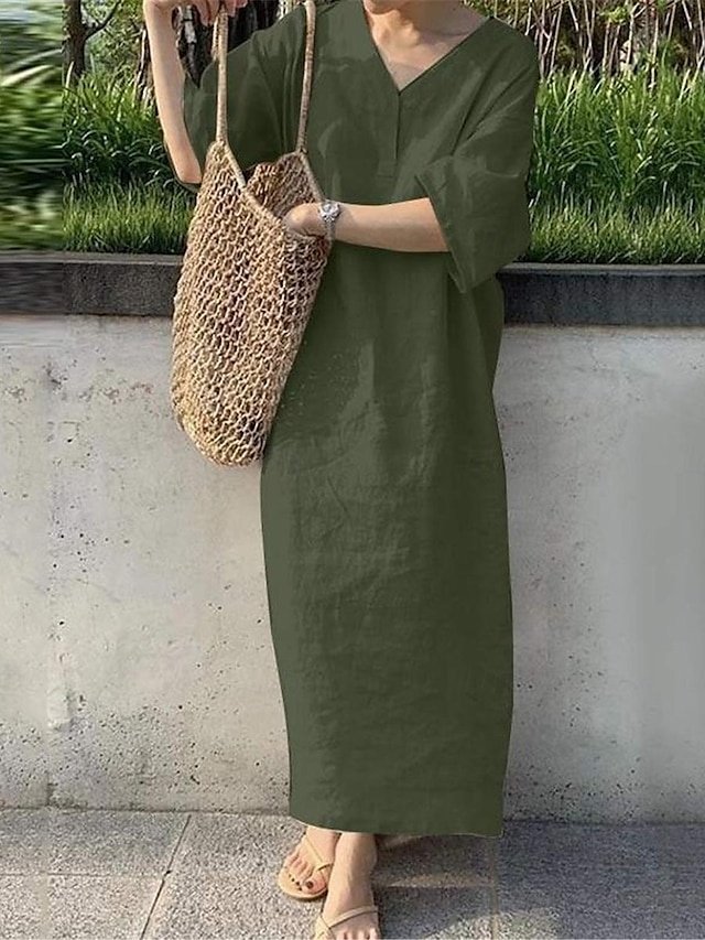 Casual Loose Fit Plain V Neck Short Sleeve Maxi Dress - Image 5