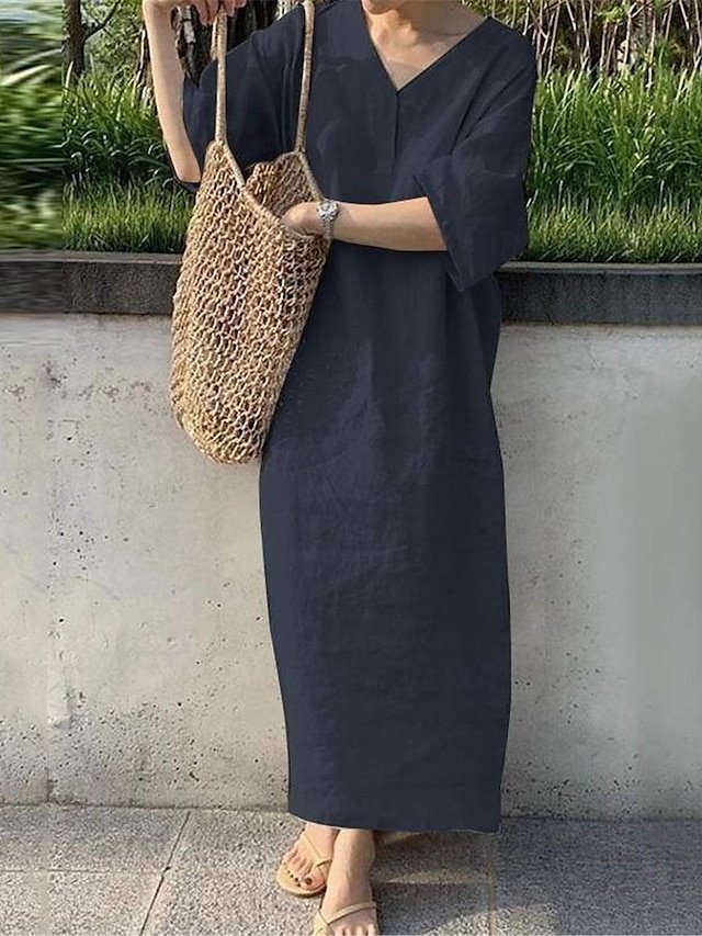 Casual Loose Fit Plain V Neck Short Sleeve Maxi Dress - Image 6