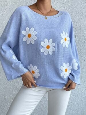 Casual Loose Floral Crew Neck Long Sleeve Long Sweater - Image 1