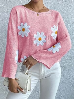 Casual Loose Floral Crew Neck Long Sleeve Long Sweater - Image 4