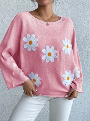 Casual Loose Floral Crew Neck Long Sleeve Long Sweater - Image 5