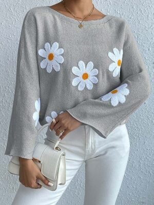 Casual Loose Floral Crew Neck Long Sleeve Long Sweater - Image 7