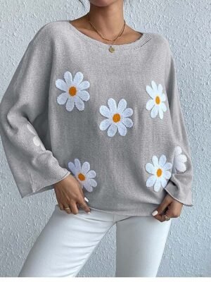 Casual Loose Floral Crew Neck Long Sleeve Long Sweater - Image 9