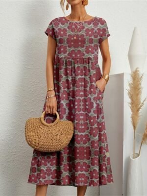 Casual Loose Floral Crew Neck Short Sleeve Maxi Dress - Image 1