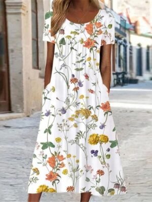 Casual Loose Floral Crew Neck Short Sleeve Midi Dress - Image 1
