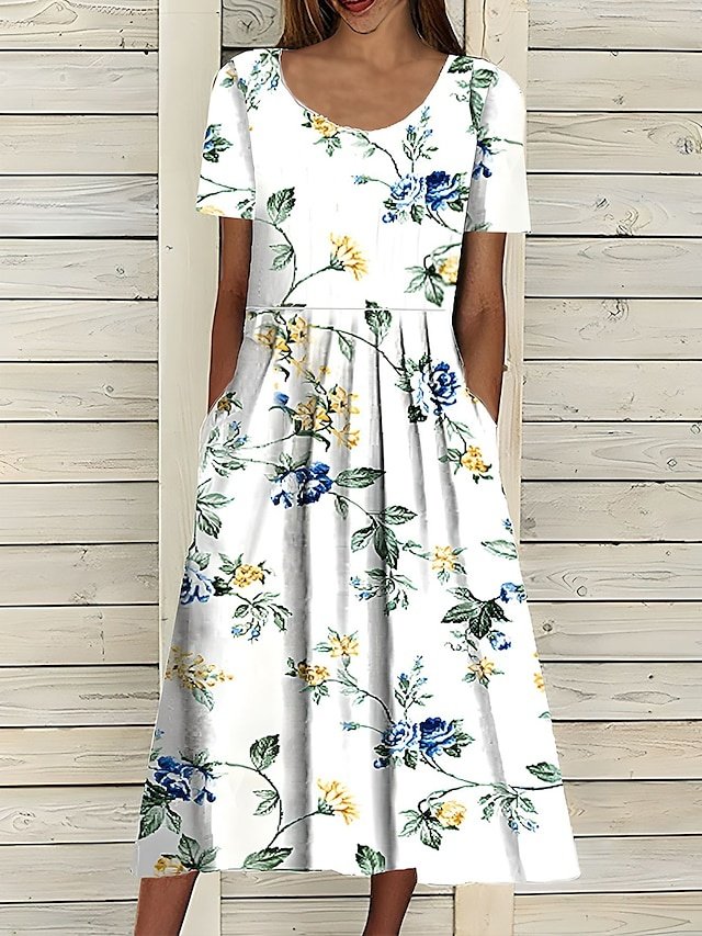 Casual Loose Floral Crew Neck Short Sleeve Midi Dress - Image 1