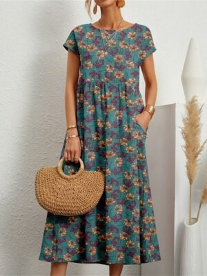 Casual Loose Floral Crew Neck Short Sleeve Maxi Dress - Image 15