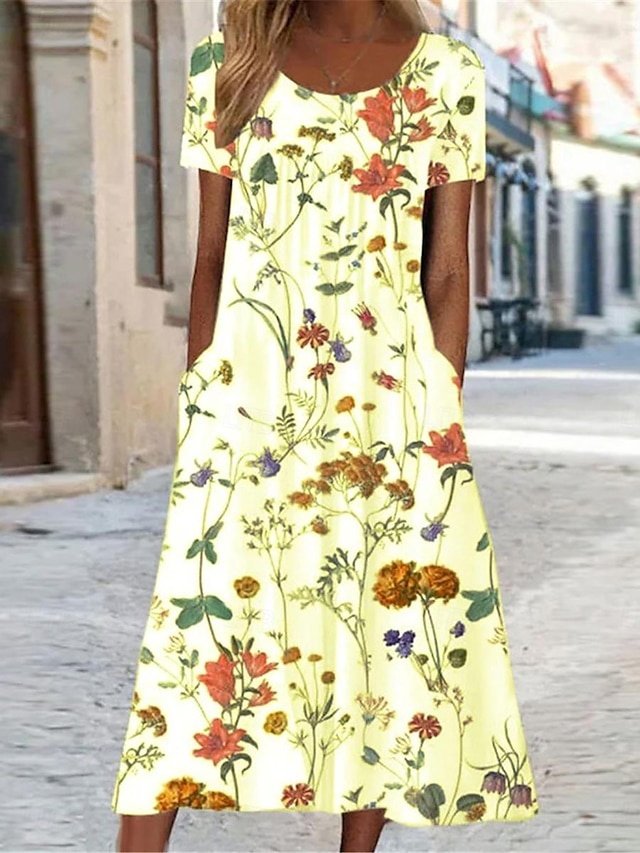 Casual Loose Floral Crew Neck Short Sleeve Midi Dress - Image 2