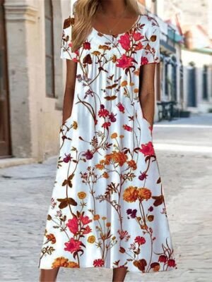Casual Loose Floral Crew Neck Short Sleeve Midi Dress - Image 6