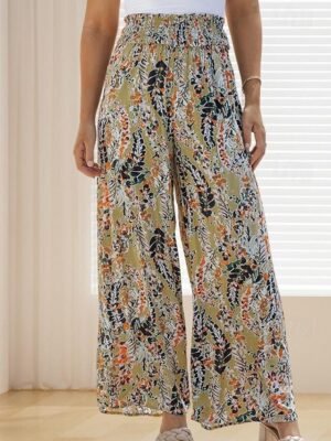 Casual Loose Floral Elastic Waist Wide Leg Long Trousers - Image 1