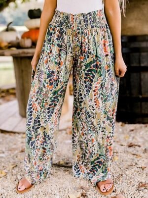 Casual Loose Floral Elastic Waist Wide Leg Long Trousers - Image 2