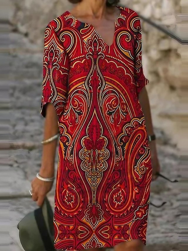 Casual Loose Floral Geometric V Neck Long Sleeve Mini Dress - Image 1