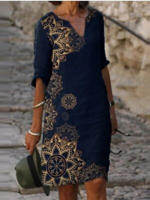 Casual Loose Floral Geometric V Neck Long Sleeve Mini Dress - Image 2