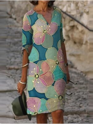 Casual Loose Floral Geometric V Neck Long Sleeve Mini Dress - Image 3