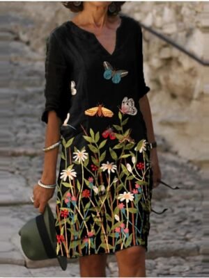 Casual Loose Floral Geometric V Neck Long Sleeve Mini Dress - Image 4