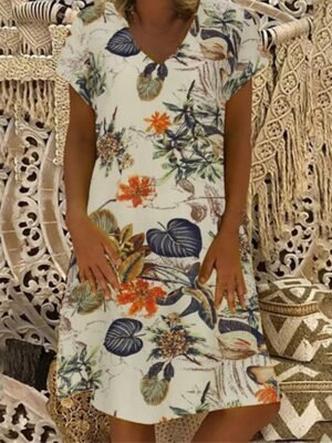 Casual Loose Floral Leaf V Neck Midi Dress - Image 1