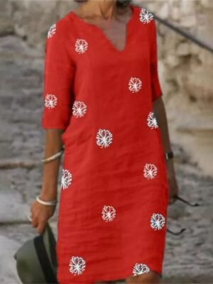 Casual Loose Floral Notched Neck Short Sleeve Midi Dress - Image 2