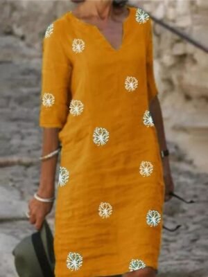 Casual Loose Floral Notched Neck Short Sleeve Midi Dress - Image 3