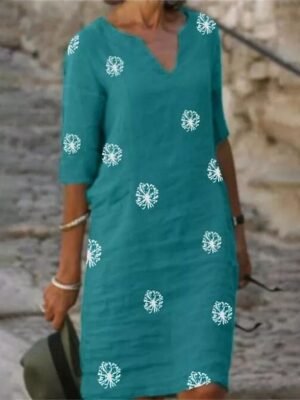 Casual Loose Floral Notched Neck Short Sleeve Midi Dress - Image 4