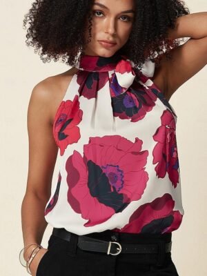 Casual Loose Floral Print Halter Tie Neck Sleeveless Vest - Image 7
