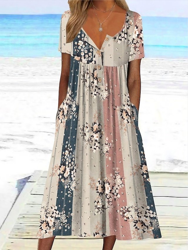 Casual Loose Floral Print V Neck Short Sleeve Midi Dress - Image 1