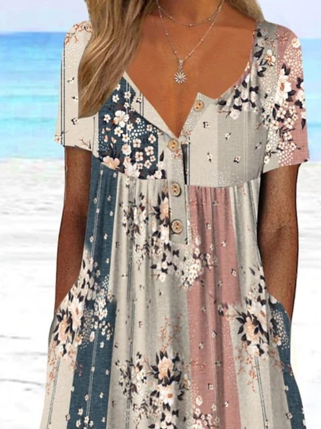 Casual Loose Floral Print V Neck Short Sleeve Midi Dress - Image 2