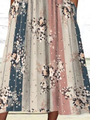 Casual Loose Floral Print V Neck Short Sleeve Midi Dress - Image 3