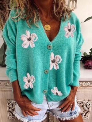 Casual Loose Floral Ribbed V Neck Long Sleeve Regular Cardigan - Image 1