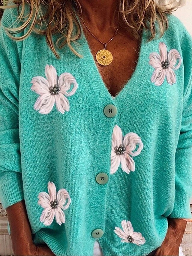 Casual Loose Floral Ribbed V Neck Long Sleeve Regular Cardigan - Image 2