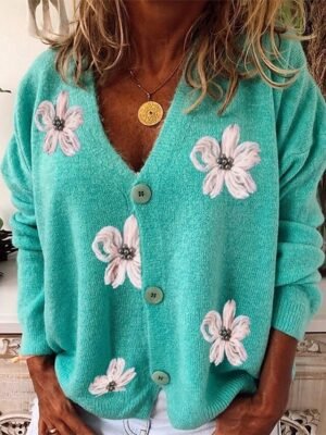 Casual Loose Floral Ribbed V Neck Long Sleeve Regular Cardigan - Image 3