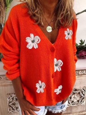 Casual Loose Floral Ribbed V Neck Long Sleeve Regular Cardigan - Image 4