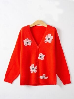 Casual Loose Floral Ribbed V Neck Long Sleeve Regular Cardigan - Image 6