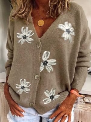 Casual Loose Floral Ribbed V Neck Long Sleeve Regular Cardigan - Image 7